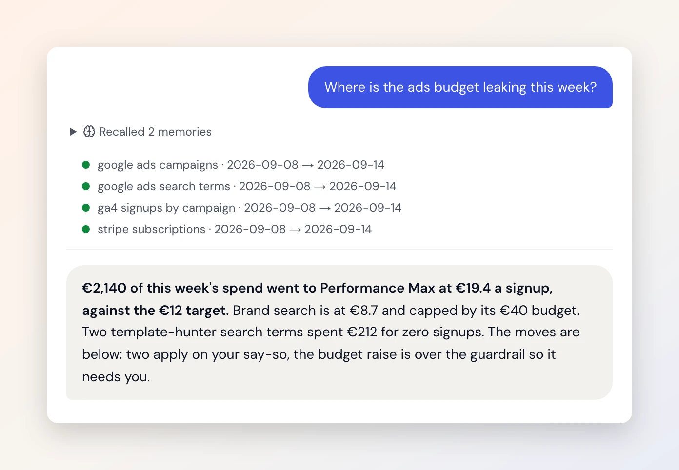 One question and its answer: where the ads budget is leaking, read from Google Ads, GA4 and Stripe, with the campaign and the search terms named