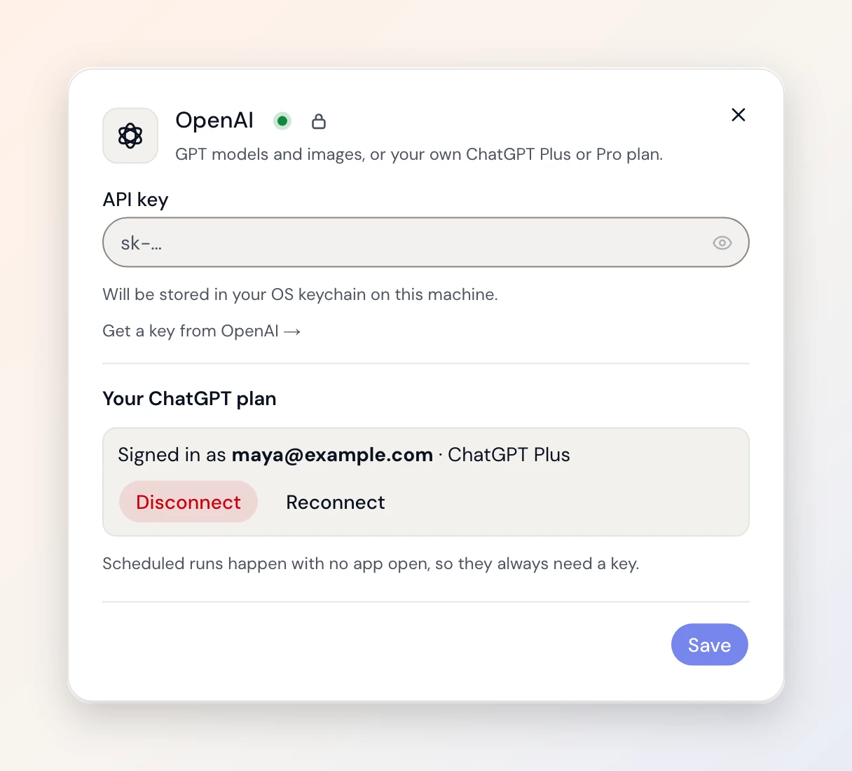 O cartão do provedor OpenAI no app para desktop, com sessão iniciada com um plano ChatGPT Plus
