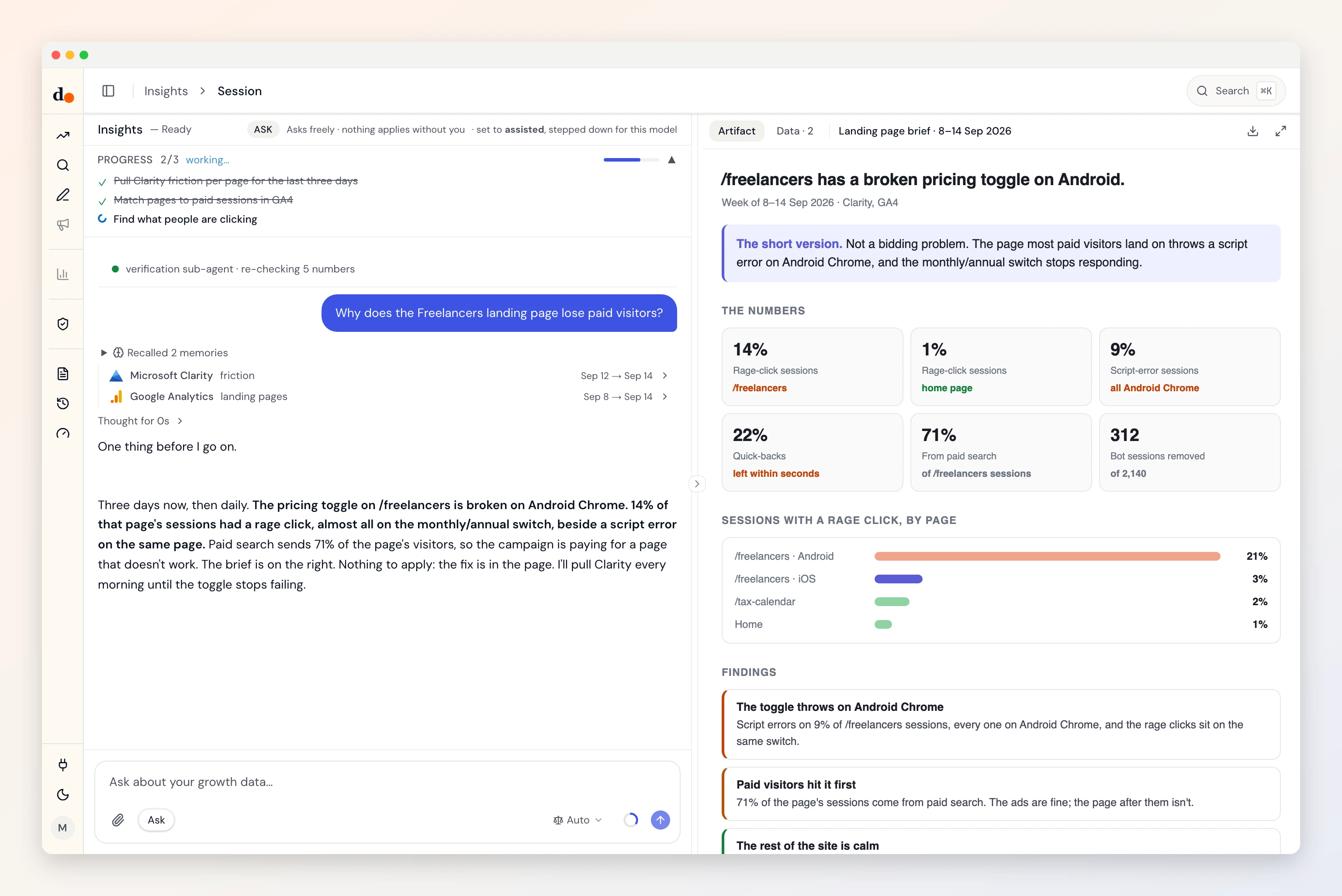 A Duct session: asked why a landing page loses paid visitors, Duct reads Clarity friction per page beside GA4 and finds a pricing toggle failing on Android Chrome