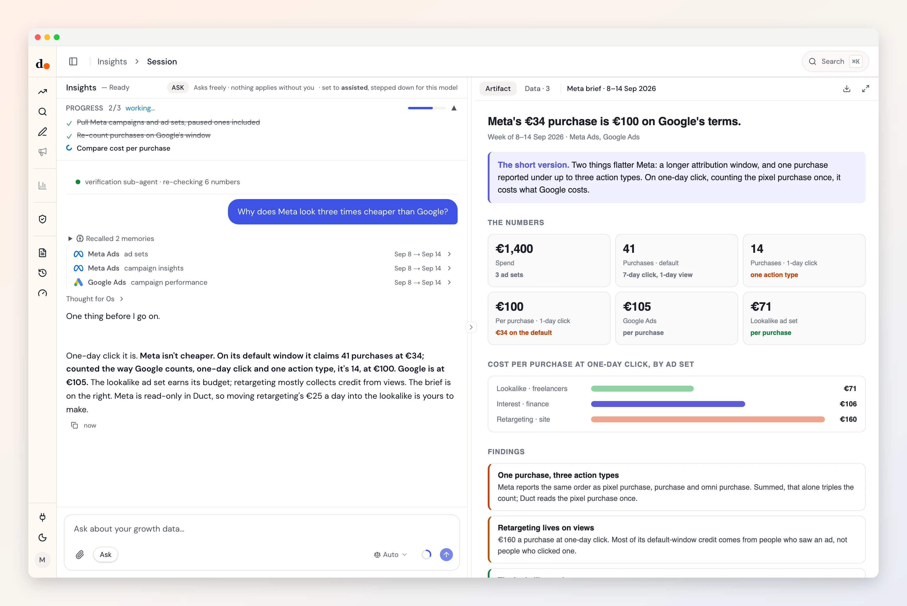 A Duct session: asked why Meta looks cheaper than Google, Duct reads Meta ad sets and insights on three attribution windows beside Google Ads, and recounts purchases on one-day click