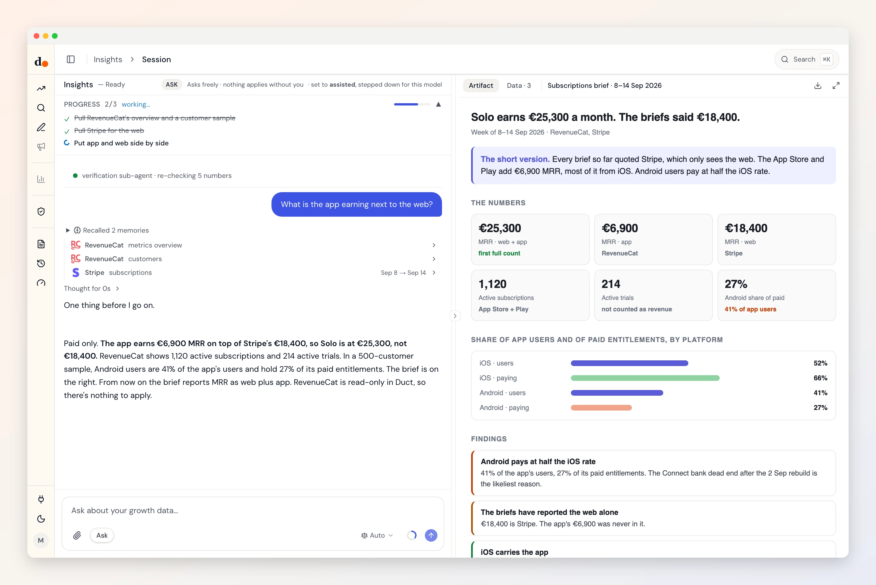 A Duct session: asked what the app earns next to the web, Duct reads RevenueCat metrics and a hashed customer sample beside Stripe and adds app MRR to web MRR