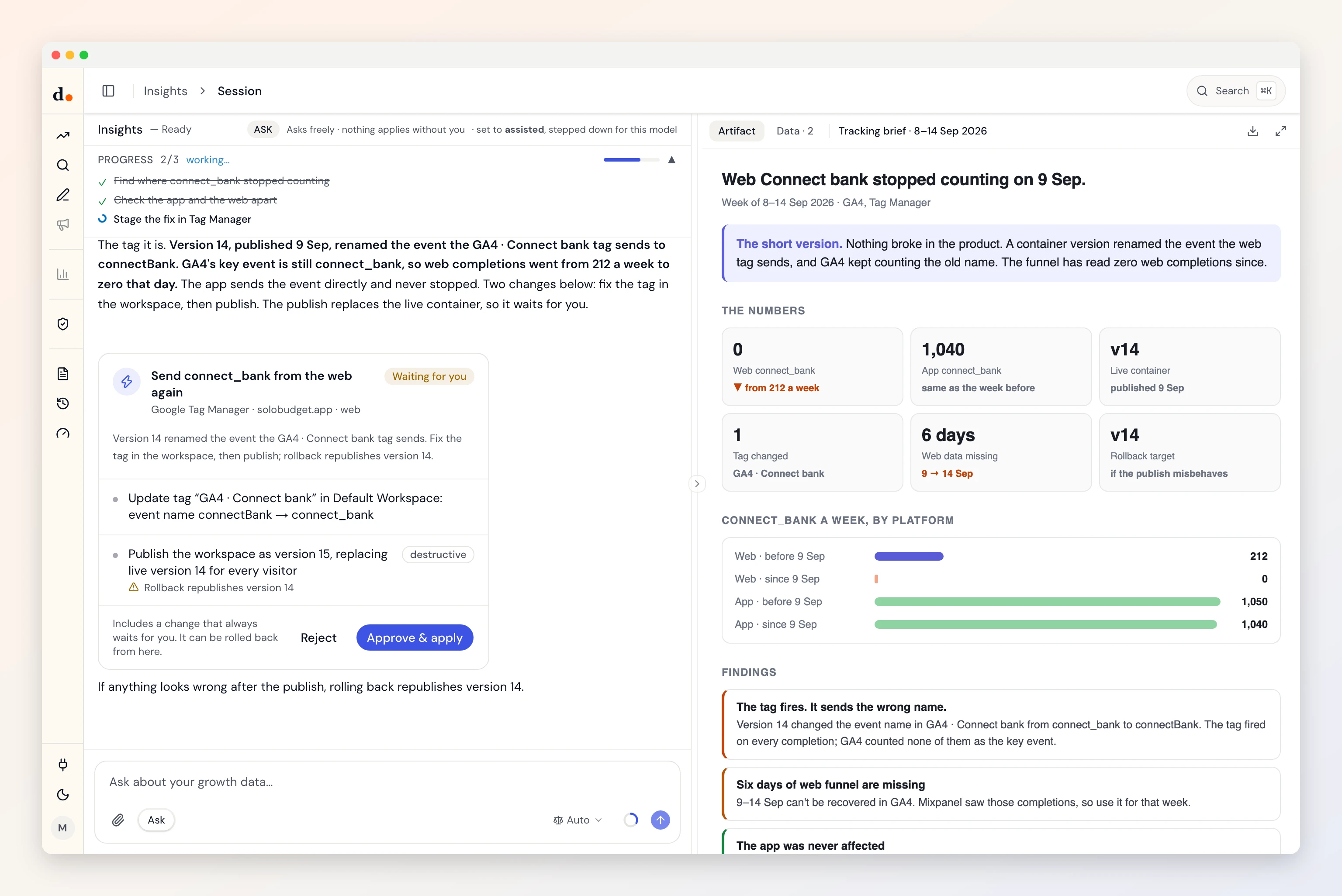 A Duct session: asked why GA4 stopped counting an event on the web, Duct finds the tag a container version renamed, and proposes a workspace fix and a publish that waits for approval