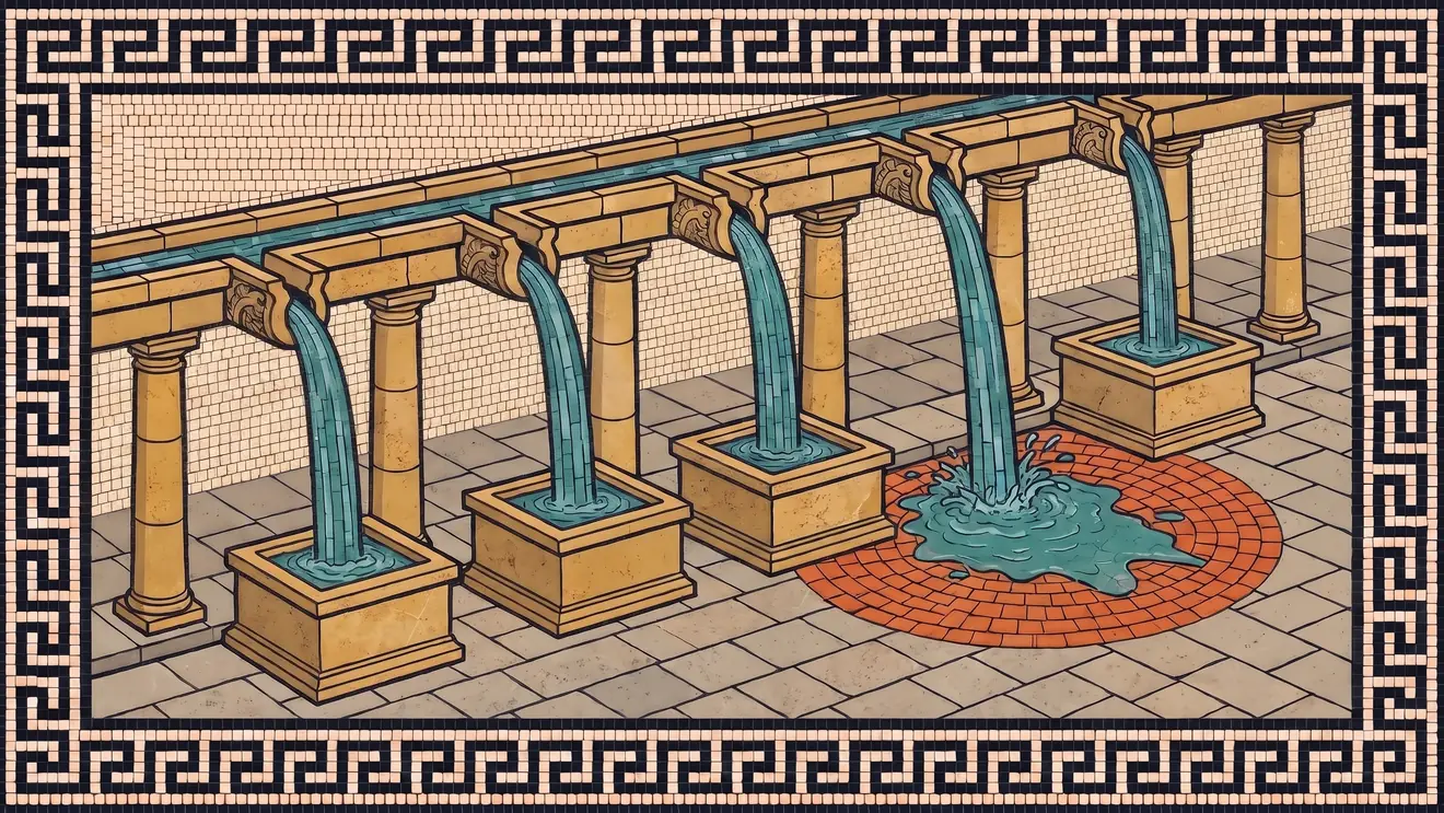 A Roman mosaic of a colonnade with a roof gutter and five spouts: four pour into stone basins, and the fifth has no basin, so its water splashes into a puddle on orange paving