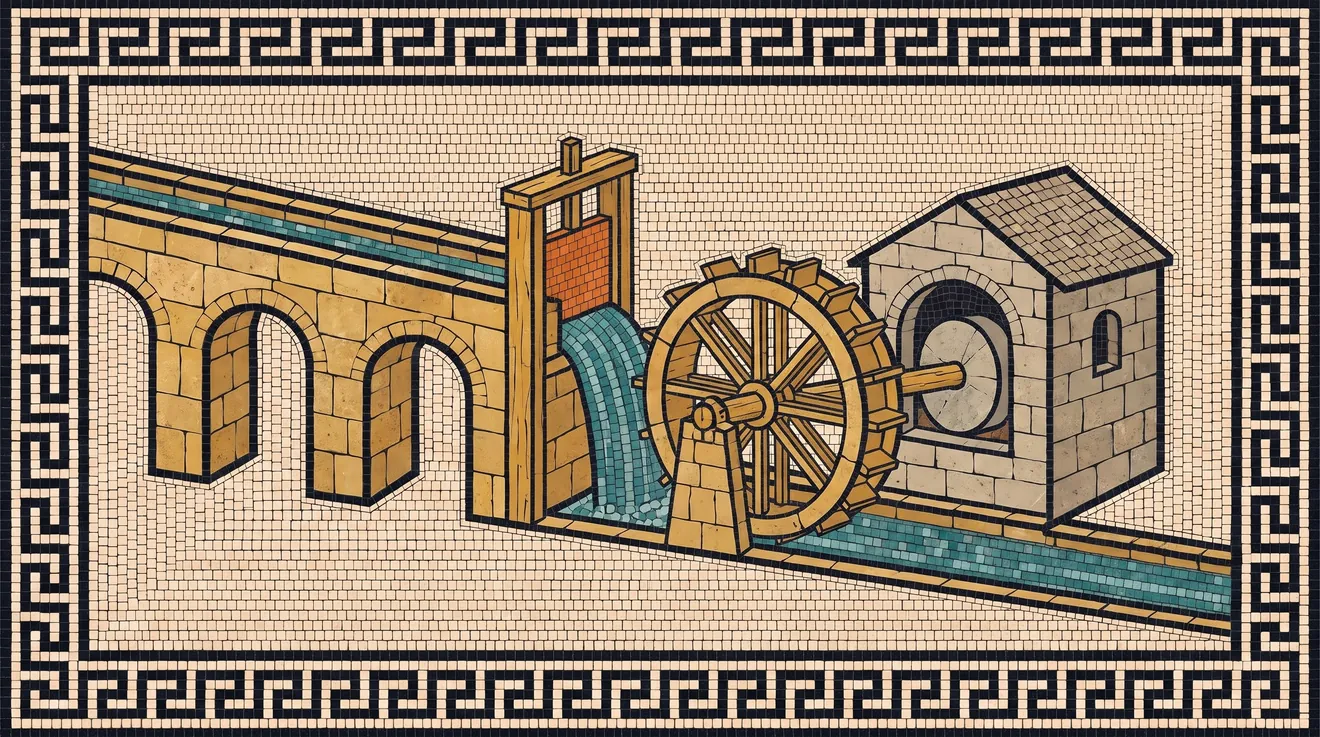 A Roman mosaic of a water mill: an aqueduct channel runs through a raised sluice gate onto a wheel that turns a millstone