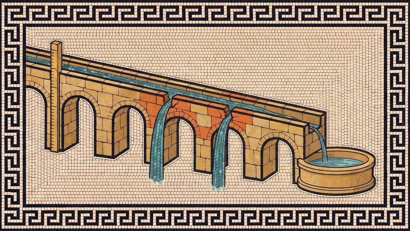 A Roman mosaic of an aqueduct: a tall gauge post marks the channel full at the left, water leaks through two orange-marked cracks along the arches, and only a thin stream reaches a round fountain basin at the right